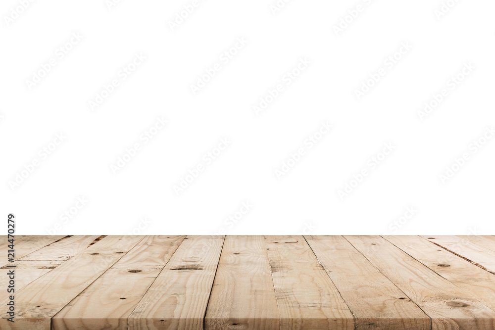 Empty wood table on isolated white background with display montage for product.
