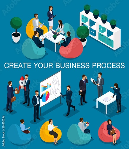 Trendy isometric people, 3d businessman, concept with young people, young team of professionals, business creation, brainstorming, soft armchairs, business concept isolated