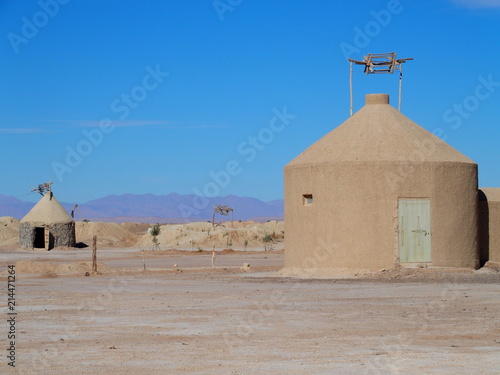 Amazing water well buildings of Ketthara at african sandy Sahara desert landscape near Erfoud city in Morocco