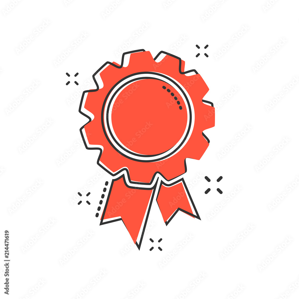 Vector cartoon badge with ribbon icon in comic style. Award medal sign illustration pictogram. Champion business splash effect concept.