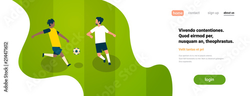 football gameplay two soccer players different teams on field championchip concept banner flat copy space vector illustration