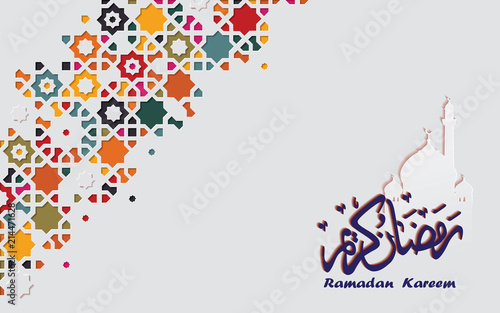 Ramadan Kareem arabic calligraphy greeting card with mosque and islamic colorful arabesque isolated on a light background.Vector illustration.