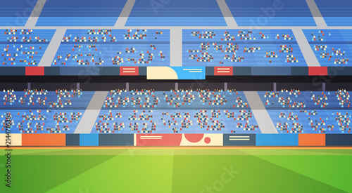 empty football stadium field arena filled tribunes before start match flat horizontal vector illustration