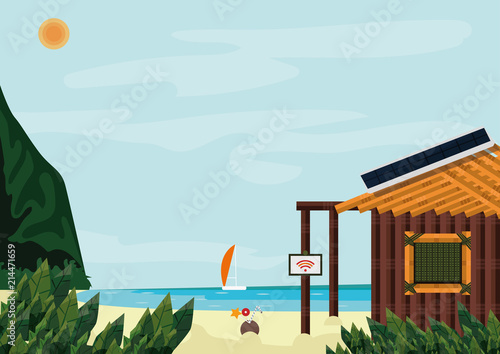 Modern downshifting, life on a tropical island. Opportunity to rethink your life and get clear what you want or find the harmony. A hut with solar panel  and internet connection on the beach