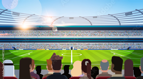 empty football stadium field silhouettes of fans waiting match rear view flat horizontal vector illustration