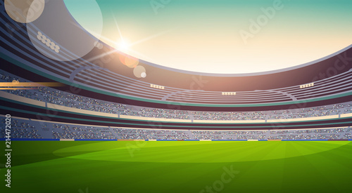 empty football stadium field view sunset flat horizontal vector illustration