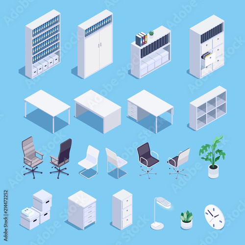 Isometric set of office furniture icons.
