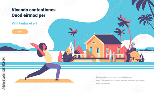 woman doing yoga exercises over beach villa house tropical island female cartoon character fitness activities full length flat copy space horizontal vector illustration