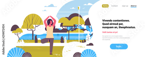 woman doing yoga exercises over city park female cartoon character fitness activities full length flat copy space horizontal vector illustration