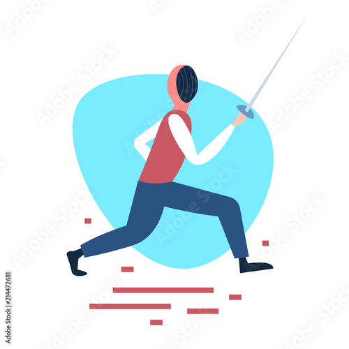 fencing man training swordsman white background male activity cartoon character full length flat vector illustration