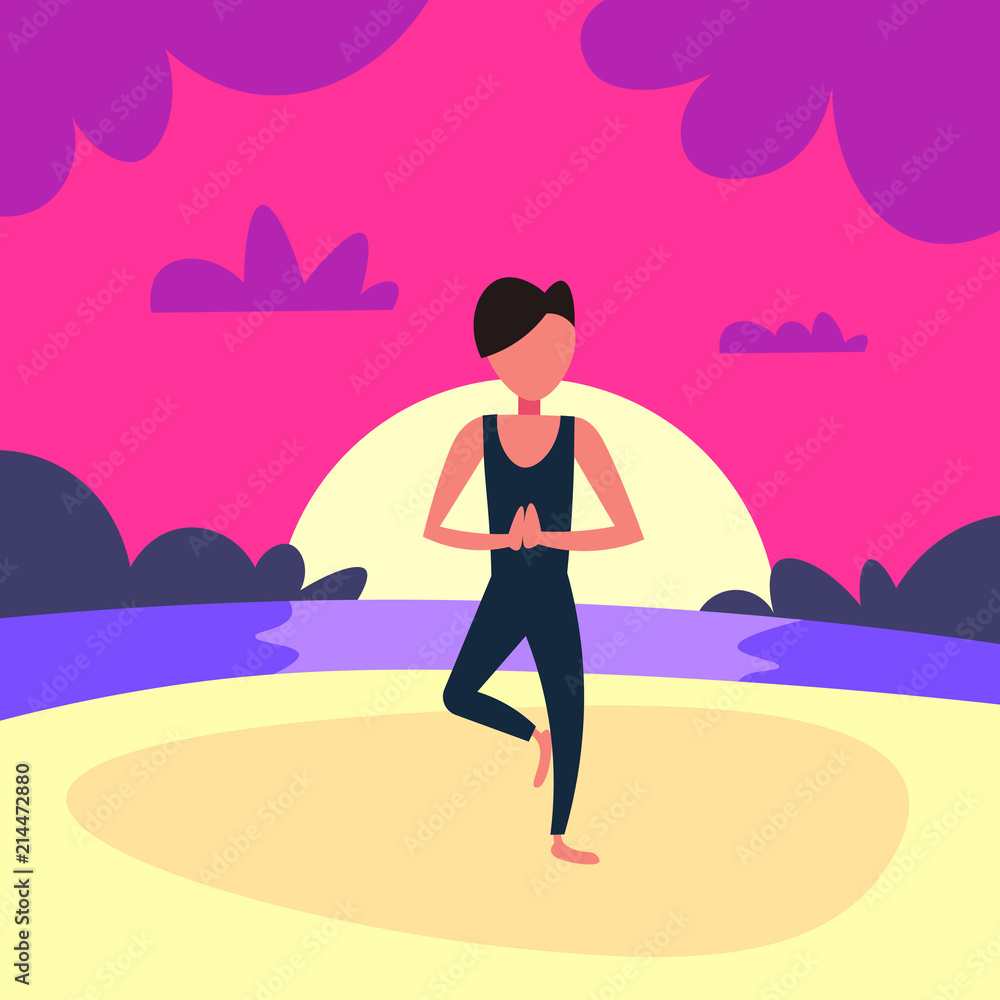 man doing yoga exercises sunset beach background male sport activity cartoon character full length flat vector illustration