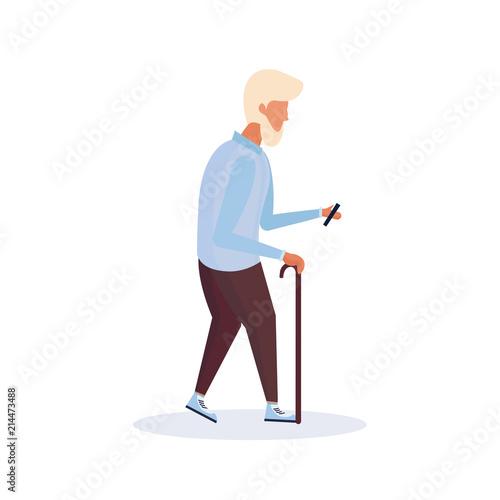 old man character using smartphone elderly grandfather walking isolated full length flat cartoon vector illustration