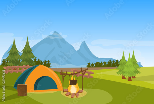 Tent camping fire forest mountain expedition vacation concept flat horizontal vector illustration