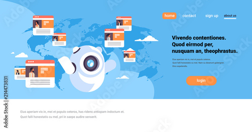 robot chatbot online messenger global people communication application concept over world map background flat horizontal copy space vector illustration
