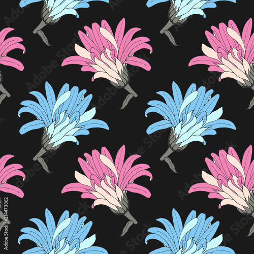 Vintage seamless vector pattern blue and pink gerbera or chamomile flowers  on black background. Beautiful spring  textile or paperhangings texture