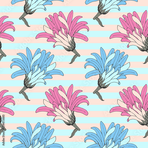 Vintage seamless vector pattern blue and pink gerbera or chamomile flowers  on color horizontal stripes background. Textile or paperhangings texture