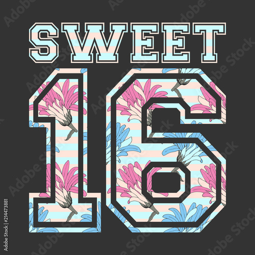 Sweet 16 in college style. Sixteenth girl birthday invitation. Vector female poster with flower number pattern.  Idea for design woman t-shirt.