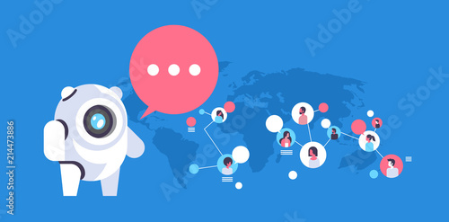 chatbot robot speech bubble people avatar global communication connection artificial intelligence concept man woman faces flat horizontal vector illustration