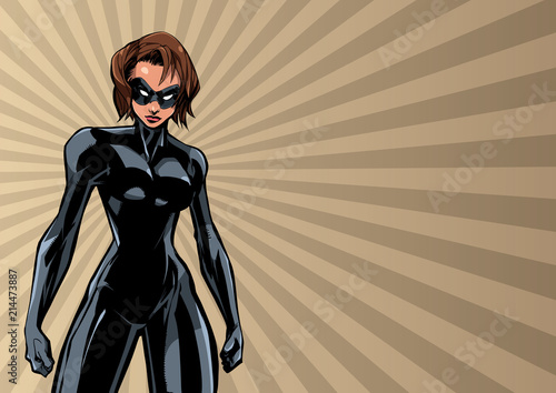 Illustration of powerful superheroine on abstract background.