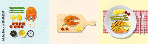 Set of salmon steak recipe , preparation cooking and plating , vector , illustration