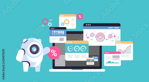 data analysis bot robot graph diagram finance artificial intelligence concept over blue background flat horizontal vector illustration
