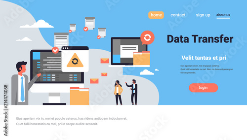 people working data transfer synchronization computer connection database access transformation technology horizontal copy space vector illustration