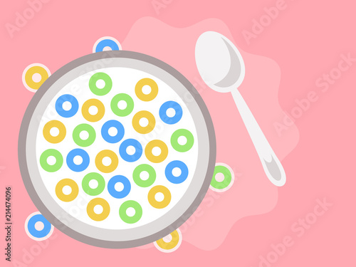 Bowl of milk with cereal, flat style vector illustration.