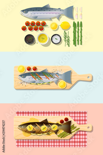 Set of salmon steak recipe , preparation cooking and plating , vector , illustration