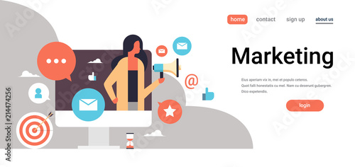 businesswoman holding megaphone marketing concept online messenger chat bubble communication icon horizontal copy space flat vector illustration