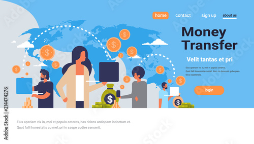 people using global payment application money transfer concept dollar coin world map background flat copy space horizontal vector illustration