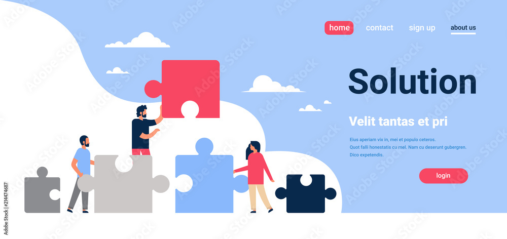 people putting parts of puzzle problems solution man woman team working concept horizontal flat copy space vector illustration