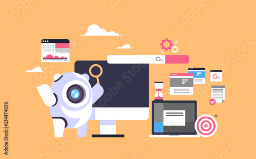 search bot seo engine optimization application internet searching concept artificial intelligence flat horizontal vector illustration