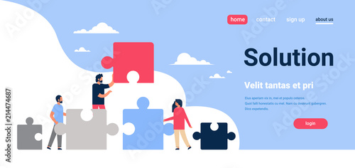 people putting parts of puzzle problems solution man woman team working concept horizontal flat copy space vector illustration