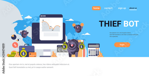 thief bot robot hacker graph money bags world map background pirate attack artificial intelligence concept flat horizontal banner copy space vector illustration