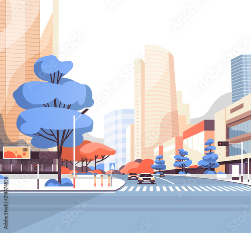 City street road skyscraper buildings view modern cityscape downtown flat vector illustration