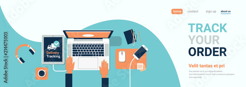 human hand laptop computer delivery track company top angle view horizontal banner copy space flat vector illustration