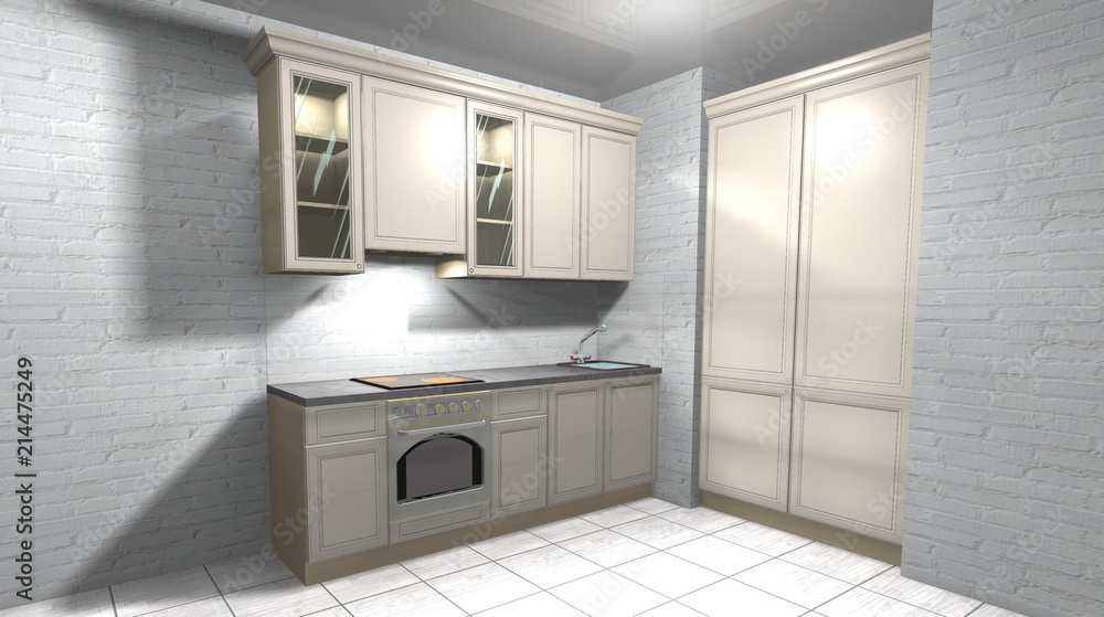 beige loft kitchen in classic style 3D rendering interior design beige loft kitchen in classic style 3D rendering interior design