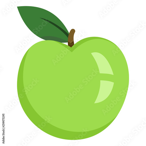 Vector Single Color Flat Icon - Green Apple Fruit with a Leaf