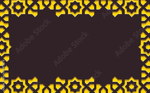 Arabic arabesque design greeting card for Muslim holidays.Islamic ornamental detail of mosaic.Vector illustration.