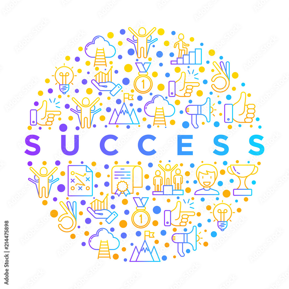 Success concept in circle thin line icons: trophy, idea, mountain peak, career, bullhorn, strategy, ladder, winner, medal, award, good choice, easy, certificate. Vector illustration, web page template Success concept in circle thin line icons: trophy, idea, mountain peak, career, bullhorn, strategy, ladder, winner, medal, award, good choice, easy, certificate. Vector illustration, web page template