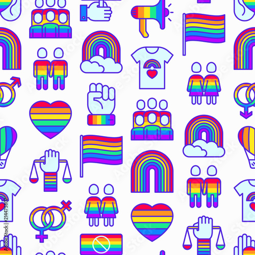 LGBT seamless pattern with thin line icons: gay, lesbian, rainbow, coming out, free love, flag, support, stop homophobia, LGBT rights, pride day. Modern vector illustration.
