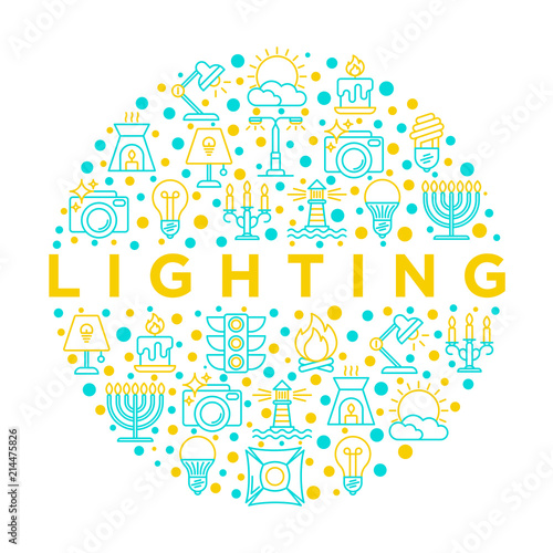 Lighting concept in circle with thin line icons: bulb, LED, CFL, candle, table lamp, sunlight, spotlight, flash, candelabrum, bonfire, menorah, lighthouse. Vector illustration, print media template.