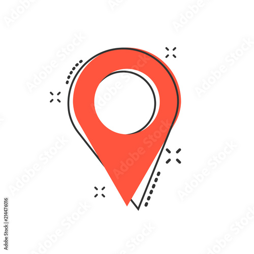 Vector cartoon pin location icon in comic style. Navigation map, gps sign illustration pictogram. Pin business splash effect concept.