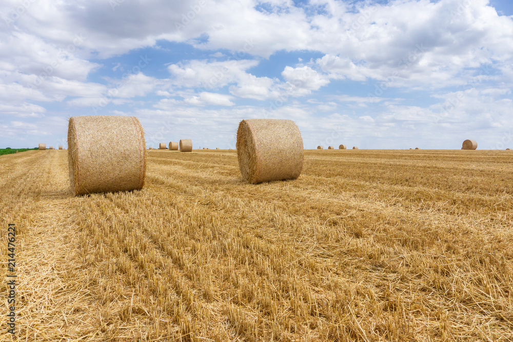 Straw bales stacked in a field at summertime, Reims , France