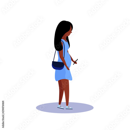 african american pregnant woman profile isolated using smartphone female cartoon character full length flat vector illustration