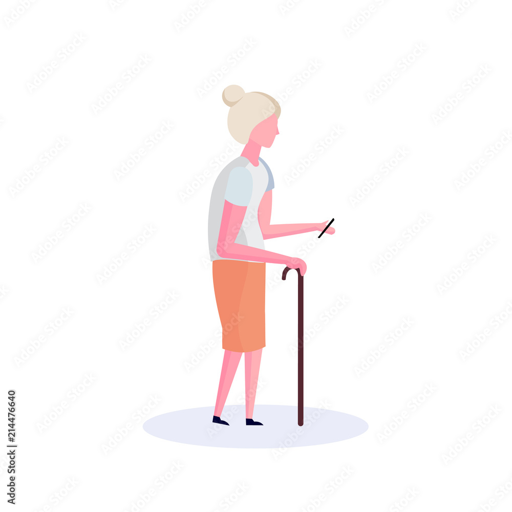 old woman walking stick using smartphone elderly grandmother walk isolated cartoon character full length flat vector illustration old woman walking stick using smartphone elderly grandmother walk isolated cartoon character full length flat vector illustration
