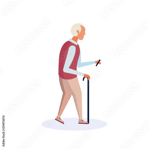 old man walking stick using smartphone elderly grandfather walk isolated cartoon character full length flat vector illustration