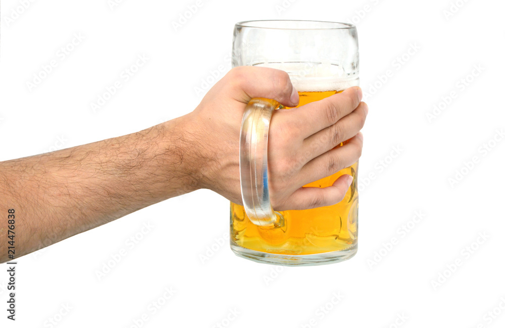 1 Litter beer in Big glass with hand holding on white background. 1 Litter beer in Big glass with hand holding on white background.