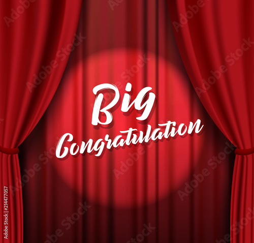 Teather stage with red heavy curtain with text.