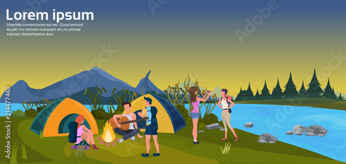 expedition group play guitar activities sunset tent camping fire forest mountain concept flat horizontal copy space vector illustration © mast3r